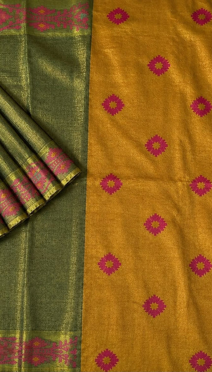 Tusser Silk Saree  With Thread Weaving Butties  With Golden Border- Green