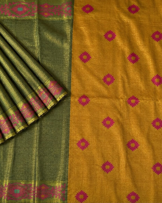 Tusser Silk Saree  With Thread Weaving Butties  With Golden Border- Green