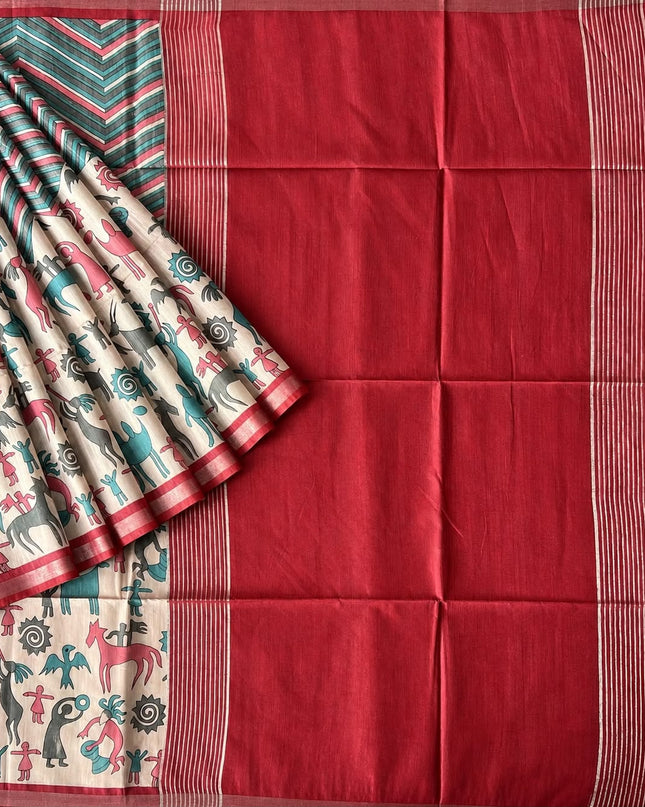 Semi Tusser Saree with Zig Zag Print and Warly Print and contrast Border  -Red