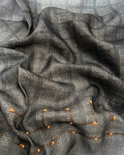 Kota Silk Saree with French Knot Work and Contrast Border  - Grey