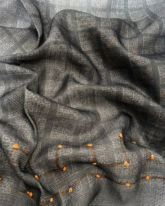 Kota Silk Saree with French Knot Work and Contrast Border  - Grey