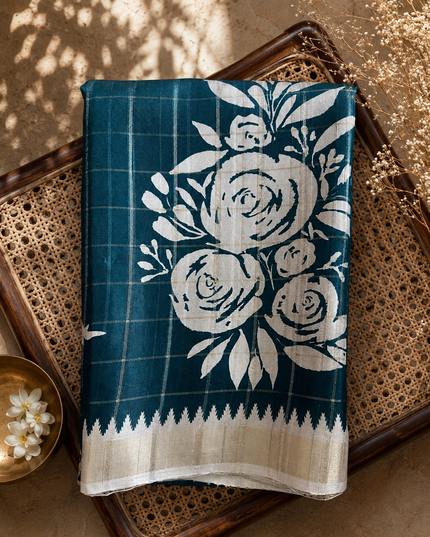 Tusser Silk Saree with Floral Print and All over Checks Design  Self Border  - Green