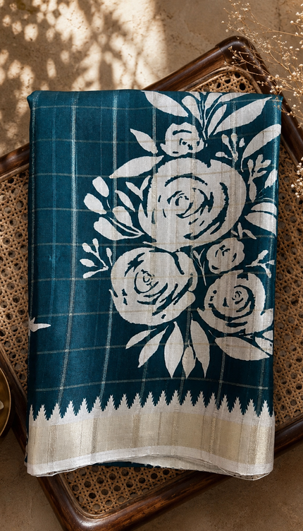 Tusser Silk Saree with Floral Print and All over Checks Design  Self Border  - Green