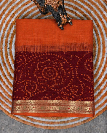 Pure Silk Kota Saree With Bhandni Print and Small Kanchi Border - Orange