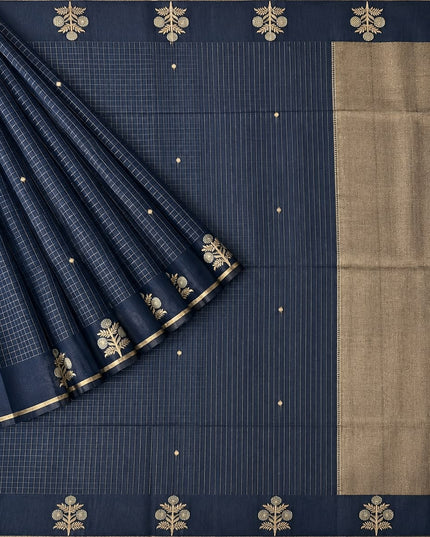 Cotton Chanderi Jamdani Saree withfloral Print Golden Border - Navy