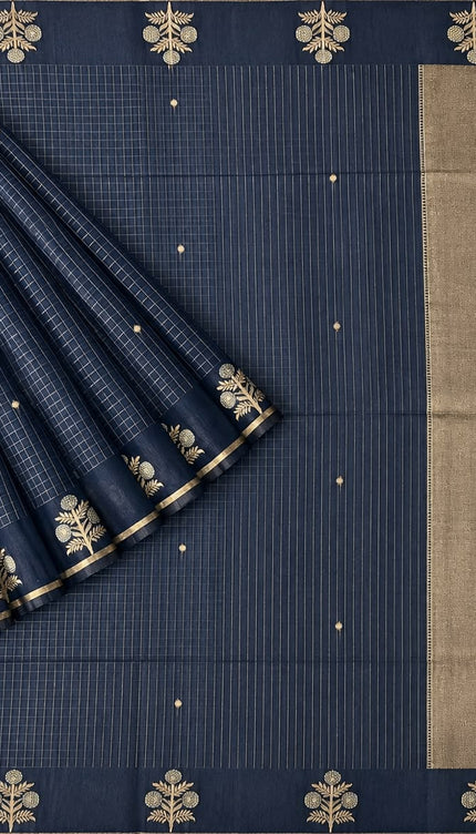 Cotton Chanderi Jamdani Saree withfloral Print Golden Border - Navy