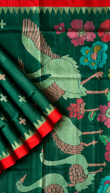Tusser Jamdani Saree Weaving Butties  With Contrast Border-  Bottle Green