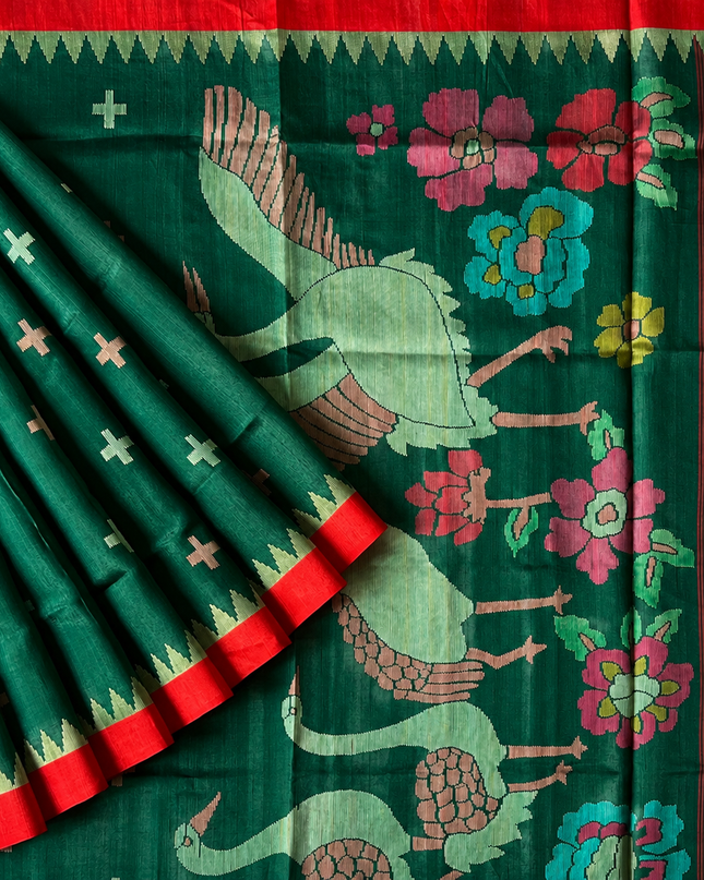 Tusser Jamdani Saree Weaving Butties  With Contrast Border-  Bottle Green