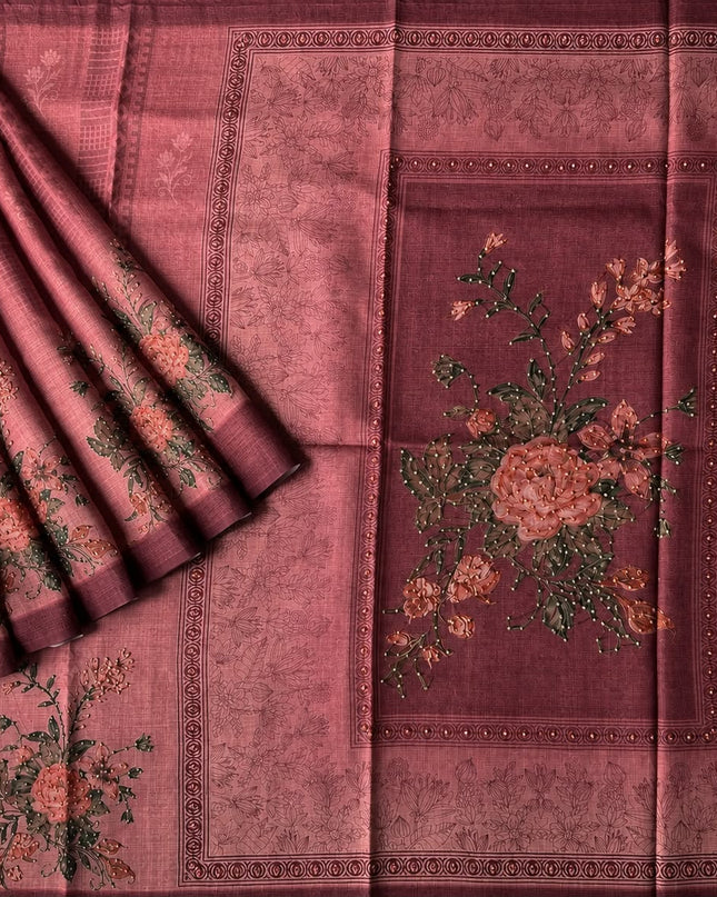 Kota Silk Saree with French Knot Work and Contrast Border  -  Light Pink