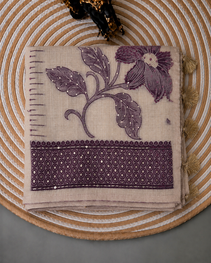 Linen Saree with Floral Print French Knot Work and Kantha Work - Beige & Purple