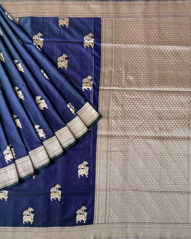 Mashru Banaras saree with Pichwai  Weaving Buttes and  Kaddi Border -Navy
