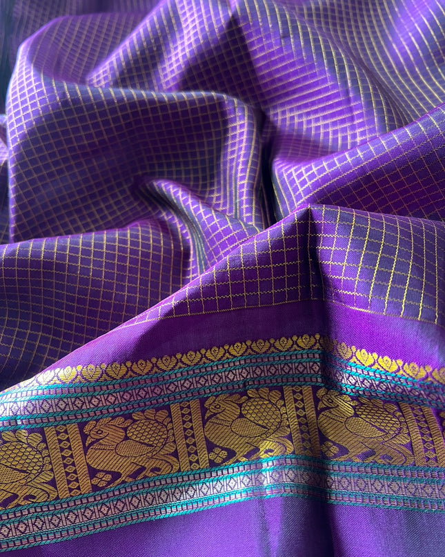 Pure Kanchi Pattu Saree With Allover Checks and Floral Motifs and  Gap Border -  Green