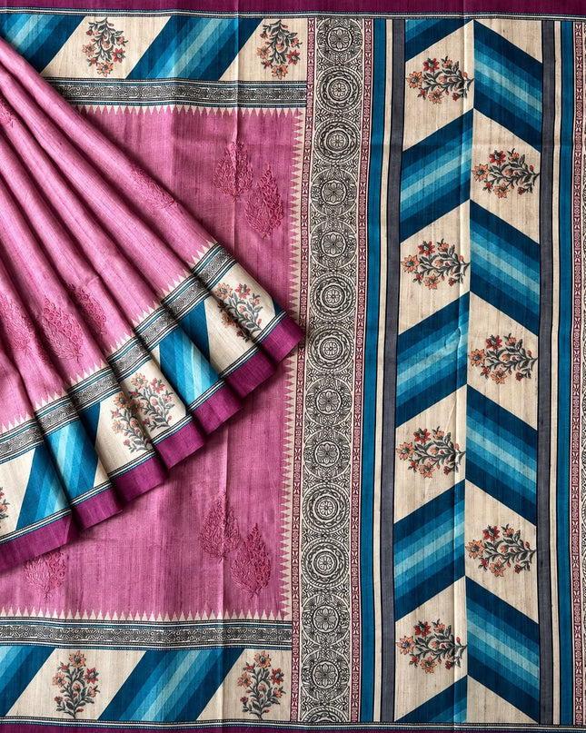 Tusser Saree With All Over Thread Embroidery  Work Flower Print Border - Purple