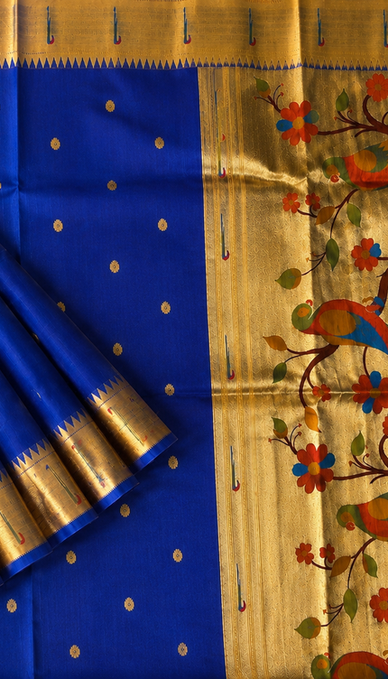 Chanderi  Saree with All over Golden Butties and muniya Border - Royal Blue