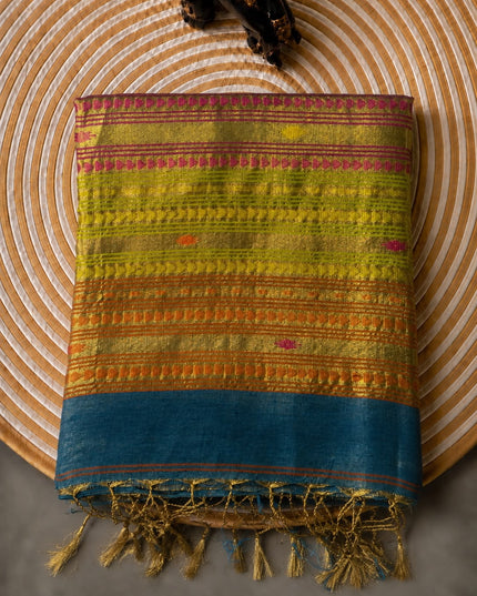 Tusser Silk Saree  With Thread Weaving Butties  With Golden Border- Light Blue
