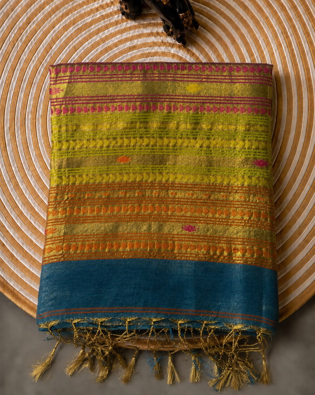 Tusser Silk Saree  With Thread Weaving Butties  With Golden Border- Light Blue