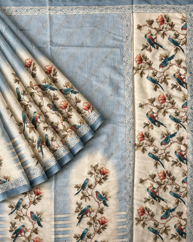 Chanderi Saree With Floral and Kantha Work and  Contrast Border- Off White & Grey