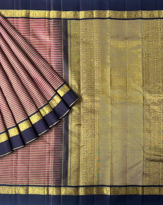 Pure Kanchi Pattu Saree With Allover  Golden Zari Checks and Multi Stripes Design and Gap  Border - Maroon