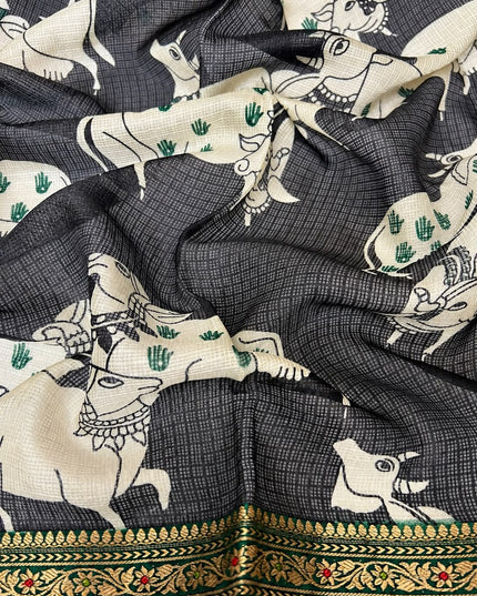 Pure Silk Kota Saree With pichwai Print and Small Kanchi Border - Bottle Green