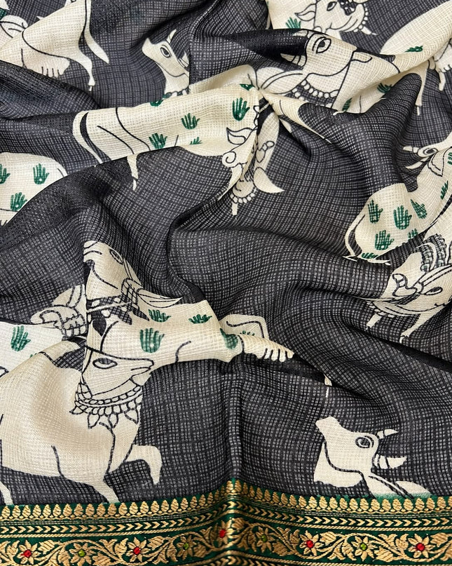 Pure Silk Kota Saree With pichwai Print and Small Kanchi Border - Bottle Green
