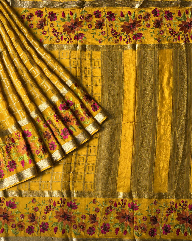 Chinon Crepe Saree With Golden Checks Design and Thread Embroidery Border - Mustard