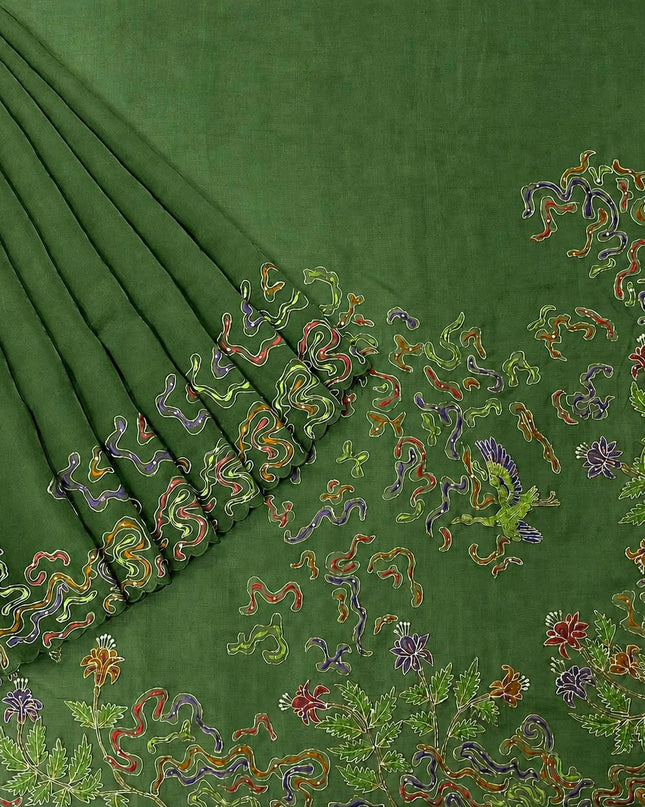 Soft Orznga Saree with Applique work And Peta Work with Scallop Border - Green