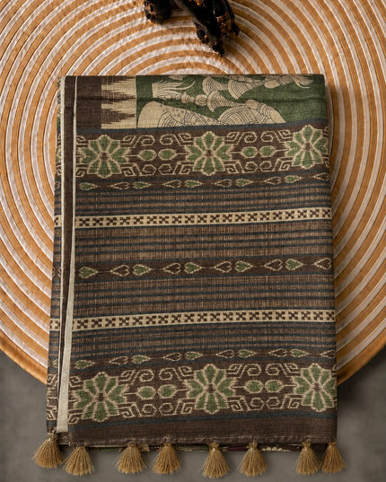 Tusser Silk Saree With Kalamkari Print and Contrast Border-  Maroon