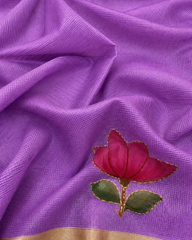 Kota Silk Saree with All over Thread Weaving Flower Butties and Golden Border - Purple