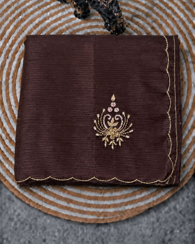 Soft Crush  Saree With Kardhana Sequences Work and Scallop Border -Brown