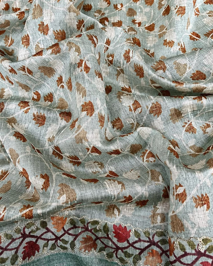 Tusser Silk Saree With Ari work and Floral Print and Contrast  Border - Sea Green