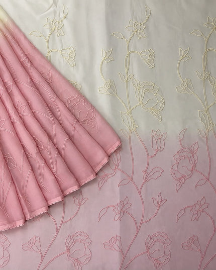 Georgette Saree With All over Thread Work And Lace Border - Pink & Cream