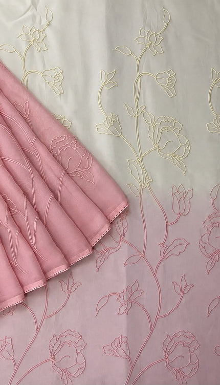 Georgette Saree With All over Thread Work And Lace Border - Pink & Cream