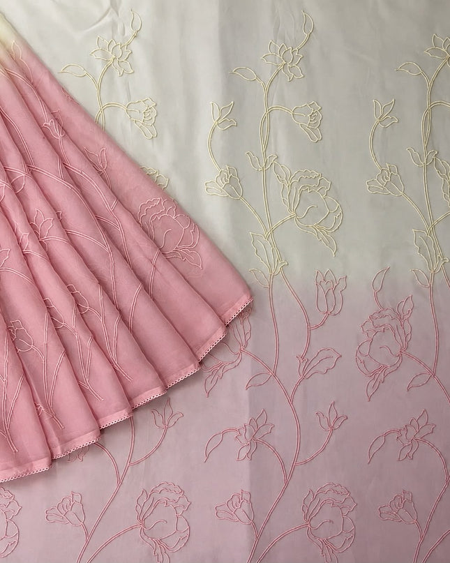 Georgette Saree With All over Thread Work And Lace Border - Pink & Cream
