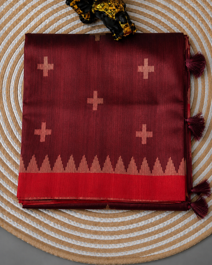Tusser Jamdani Saree Weaving Butties  With Contrast Border-  Maroon
