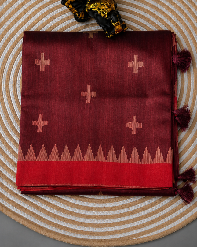 Tusser Jamdani Saree Weaving Butties  With Contrast Border-  Maroon
