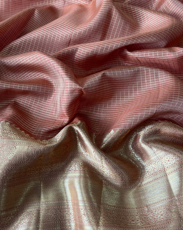 Pure Pattu Saree With Golden Check Weaving and Flower Buttes and Kaddi Border -  Light Orange