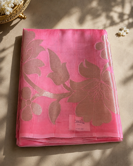 Kora Organza Saree with Jamdani Weaving and Self Border  -Pink
