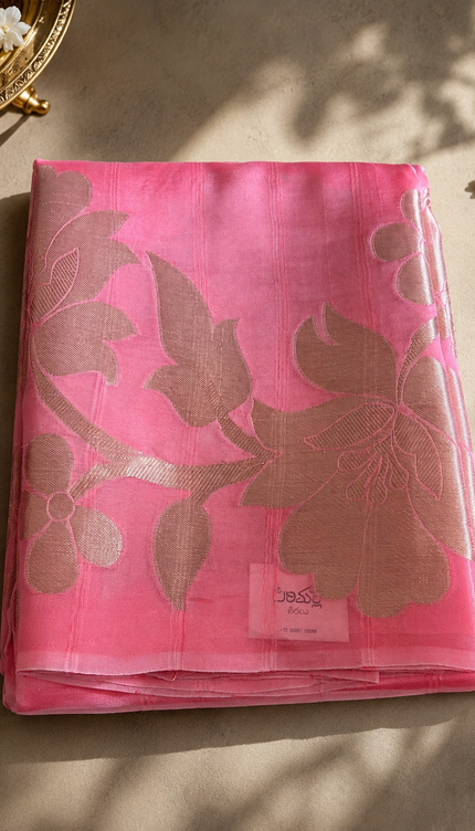 Kora Organza Saree with Jamdani Weaving and Self Border  -Pink