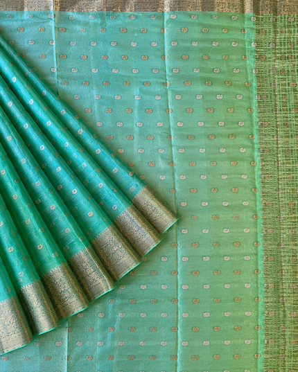 Chiffon Saree With Gold & Silver Zari  Butties and Gold Zari Flower Design Border-  Sea Green