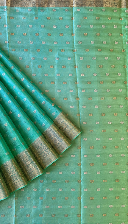 Chiffon Saree With Gold & Silver Zari  Butties and Gold Zari Flower Design Border-  Sea Green