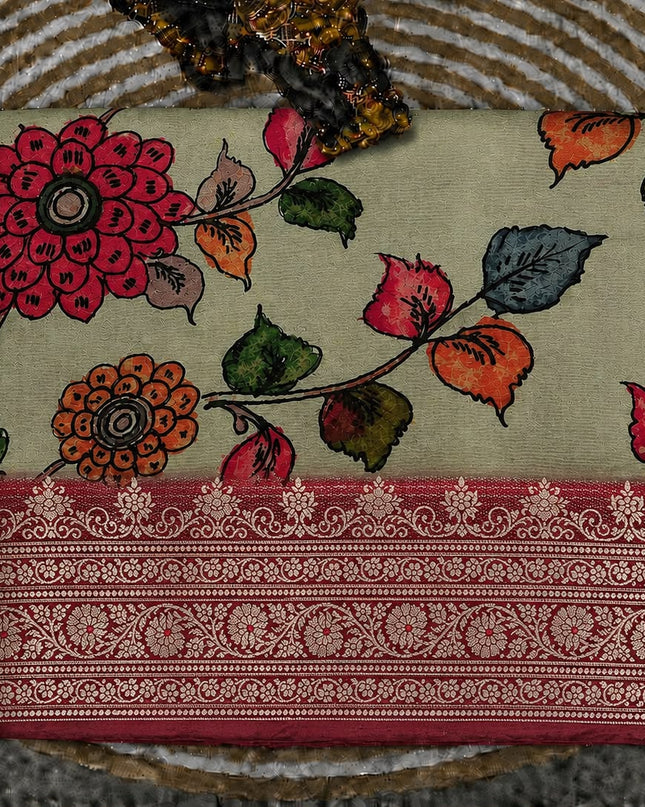 Chanderi Saree with  Floral Print Contrast Border - Green & Maroon