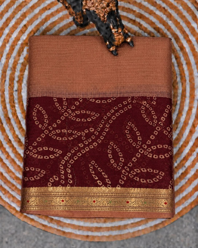 Pure Silk Kota Saree With Bhandni Print and Small Kanchi Border - Brown