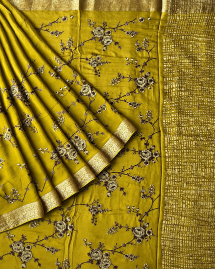 Channon saree with All over Thread Embroidery Work and Gold Border - Mehandi Green
