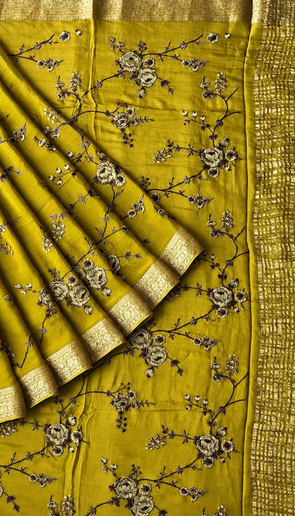 Channon saree with All over Thread Embroidery Work and Gold Border - Mehandi Green