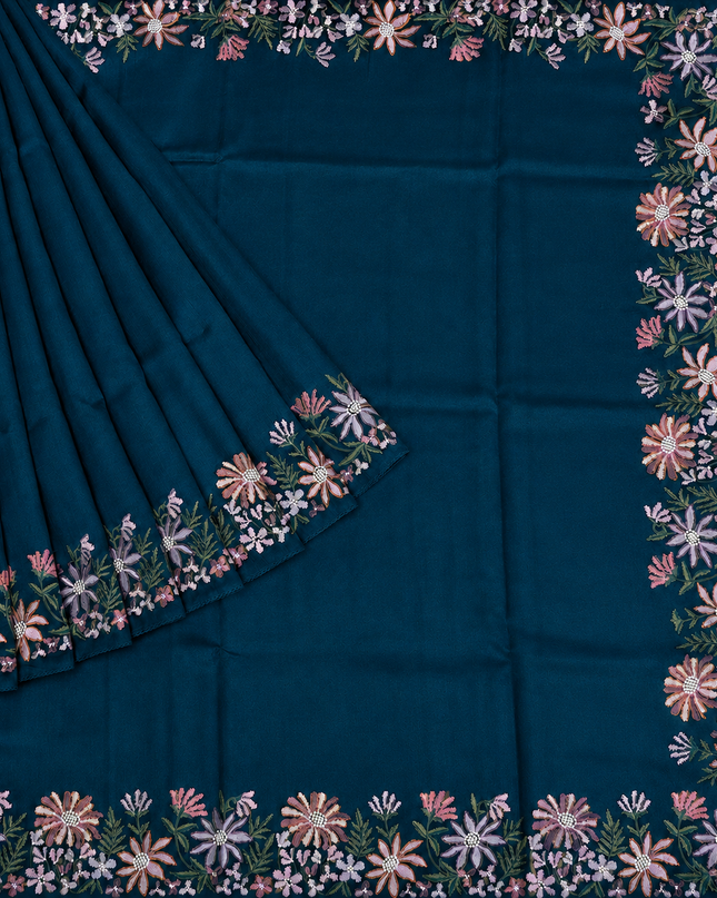 Tusser Silk Saree With Thread Embroidery Work and Lace Border - Peacock Blue
