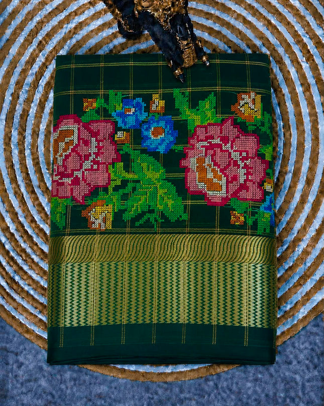 Chanderi Silk saree Cross Stich Work and Golden Border - Bottle Green