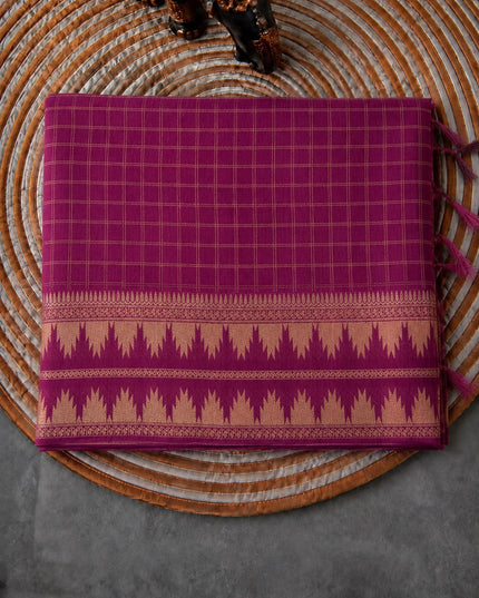 Green Silk Saree with Checks Design And Temple Design Border - Purple
