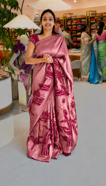 Heritage Banaras Saree With Gold and Silver Zari Weaving Lotus Design -Rani Pink