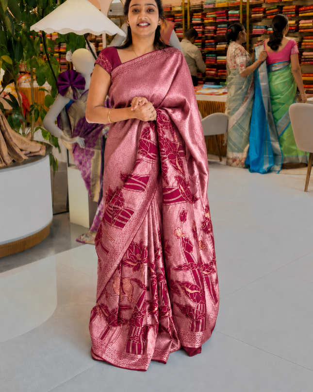 Heritage Banaras Saree With Gold and Silver Zari Weaving Lotus Design -Rani Pink