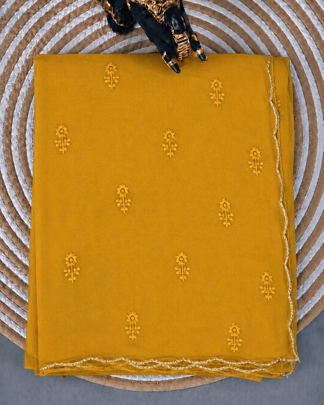 Georgette Saree with Thread Embroidery Flower Design  Kardhana Work Scallop Border -Mustard